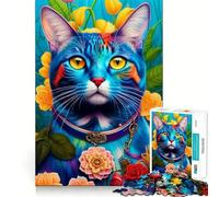 Puzzle pour Adultes 1000 pièces Chat Bleu avec Fleurs Découpe Impeccable Amusant,Stimulant la réflexion,Jeu de détente,décoration de Noël (38x26cm)