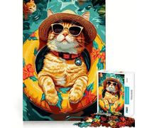 Puzzle pour Adultes 1000 pièces Chat Bouée Piscine Chapeau Découpe Parfaite Défi Intelligent Amusant Jeu Paisible Cadeau Artistique de Noël (38x26cm)
