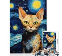 Puzzle pour Adultes 1000 pièces Chat Devon Rex Décoration Murale inspirée de Van Gogh pour Jouer en Famille Jeu avec Poster et fiche de Questions Assortis Dimensions 38x52cm