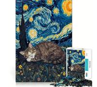 Puzzle pour Adultes 1000 pièces Chat endormi sous Un Ciel étoilé,découpe Fine,activité intellectuelle,Jeu Relaxant,décoration de Noël (38x52cm)