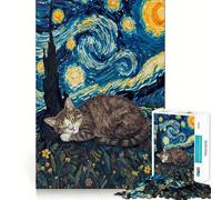 Puzzle pour Adultes 1000 pièces Chat endormi sous Un Ciel étoilé,Finitions impeccables,Jeu de Construction,Ambiance chaleureuse,décoration Murale de Noël (38x26cm)