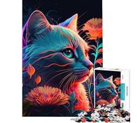 Puzzle pour Adultes 1000 pièces Chat et Fleur néon Stimule Le Cerveau Décoration Murale Jouet Anti-Stress pour Les 14 Ans et Plus Jeu de Puzzle Offert (38x52cm)