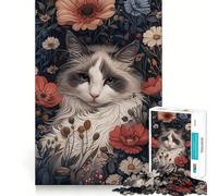 Puzzle pour Adultes 1000 pièces Chat et Fleurs,découpe Fine,activité intellectuelle,Jeu Relaxant,décoration de Noël (38x26cm)