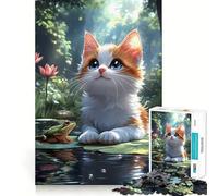 Puzzle pour Adultes 1000 pièces Chat et Grenouille turcs sur nénuphar Jeu d'assemblage précis Casse-tête Cadeau Moment de détente et de Divertissement Idée Cadeau Artistique pour Noël (38x26cm)