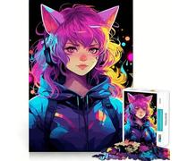 Puzzle pour Adultes 1000 pièces Chat Fille Néon Anime Manga Art aux Bords précis Jeu Stimulant Le Cerveau Jeu Calme Cadeau d'anniversaire Art (50x75cm)