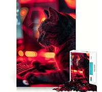 Puzzle pour Adultes 1000 pièces Chat Gaming Lazy Exact Edge Art Jouet créatif et d'adresse,Jeu de détente,Décoration de Noël (38x52cm)