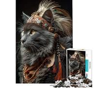 Puzzle pour Adultes 1000 pièces Chat Gris coiffé d'une Parure amérindienne Jeu de Puzzle Relaxant Amusant et Humoristique pour Adultes Cadeau Unique pour Un Anniversaire ou Noël (Dimensions 38x52cm)