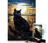 Puzzle pour adultes, 1000 pièces, chat noir au bord du lac, design finement coupé, tâche de réflexion, plaisir de détente, cadeau d'anniversaire, jeu d'art (38 x 52 cm)
