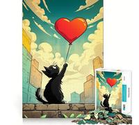 Puzzle pour Adultes 1000 pièces Chat Noir avec Ballon en Forme de cœur,Assemblage sans Couture,Jeu de Concentration,Cadeau pour se détendre,Cadeau d'anniversaire (38x26cm)