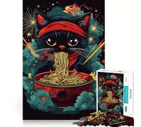 Puzzle pour Adultes 1000 pièces Chat Noir avec Un Bandana Rouge dégustant des Nouilles Ramen Jeu d'art sans Couture, pour se concentrer,se détendre ou comme Cadeau d'anniversaire (50x75cm)