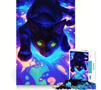 Puzzle pour Adultes 1000 pièces Chat Noir dans des tourbillons néon Jeu de Construction Amusant et Stimulant,idéal pour Les Loisirs et Les activités artistiques d'anniversaire (50x75cm)