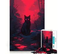 Puzzle pour Adultes 1000 pièces Chat Noir dans la forêt Rouge Découpe serrée Amusant,activité cérébrale Intelligente,Temps de détente,Cadeau d'anniversaire (38x26cm)