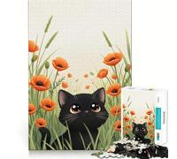 Puzzle pour Adultes 1000 pièces Chat Noir dans Un Champ de Coquelicots Illustration Découpe Fine,Défi Intelligent et Amusant,Jeu de Calme,Cadeau d'anniversaire (50x75cm)