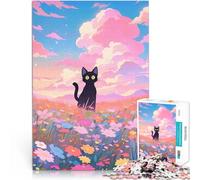Puzzle pour Adultes 1000 pièces Chat Noir dans Un Champ de Fleurs Loisirs en Famille avec Affiche et Feuille de Questions correspondantes 38x52cm