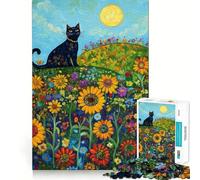 Puzzle pour Adultes 1000 pièces Chat Noir dans Un Champ de tournesols Découpe Impeccable Amusant,Stimulant la réflexion,Jeu de détente,décoration de Noël (50x75cm)