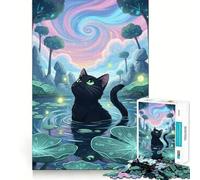 Puzzle pour Adultes 1000 pièces Chat Noir dans Un étang Magique aux nénuphars Jeu de Construction Amusant et Stimulant,Loisir créatif,Cadeau d'anniversaire (38x26cm)