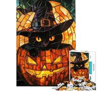 Puzzle pour Adultes 1000 pièces Chat Noir dans Une Citrouille Vitrail Défi éducatif Défi Difficile Jouet Décoration Murale pour Les 14 Ans et Plus (38x52cm)