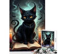 Puzzle pour Adultes 1000 pièces Chat Noir d'halloween avec grimoire Jeu Anti-Stress Cadeau créatif Jeu Amusant avec pièces de Formes aléatoires Parfaitement emboîtables Dimensions 38x26cm