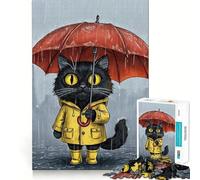 Puzzle pour Adultes 1000 pièces Chat Noir en imperméable avec Parapluie Découpe Impeccable Amusant,Stimulant la réflexion,Jeu de détente,décoration de Noël (38x52cm)