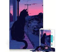 Puzzle pour Adultes 1000 pièces Chat Noir Lofi Rose rétro Découpe Impeccable Amusant,Jeu de réflexion,Divertissement pour Les Moments de détente,décoration de Noël (38x52cm)