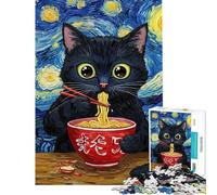 Puzzle pour Adultes 1000 pièces Chat Noir Mangeant des Ramen Style Van Gogh Jeu Familial Cadeau Original pour Femmes Cadeau d'anniversaire ou de Noël (38x52cm)