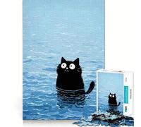 Puzzle pour Adultes 1000 pièces Chat Noir nageant dans l'eau Bleue Découpe serrée Jeu de Construction Amusant et Stimulant,Loisirs et Divertissement,Jeu Artistique d'anniversaire (38x26cm)