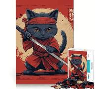 Puzzle pour Adultes 1000 pièces Chat Noir Samouraï Japon Articulation Fine Amusant,activité intellectuelle stimulante,Jeu Relaxant,Cadeau de Noël apaisant (38x26cm)