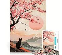 Puzzle pour Adultes 1000 pièces Chat Noir sous cerisiers en Fleurs Découpe précise Amusant,Stimulant et ludique,idéal pour se détendre ou comme Cadeau d'anniversaire (50x75cm)