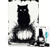 Puzzle pour Adultes 1000 pièces Chat Noir sur Citrouille pour Halloween Découpe précise,activité cérébrale stimulante,Loisirs,Cadeau d'anniversaire (38x52cm)