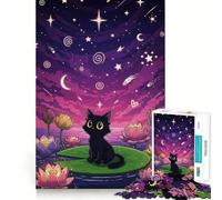Puzzle pour Adultes 1000 pièces Chat Noir sur nénuphar la Nuit Découpe Impeccable Amusant,Stimulant la réflexion,Jeu de détente,décoration de Noël (50x75cm)