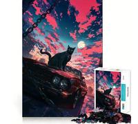 Puzzle pour Adultes 1000 pièces Chat Noir sur Voiture Jeu de Construction Amusant et précis,Loisir créatif,Cadeau d'anniversaire (38x26cm)