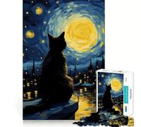 Puzzle pour Adultes 1000 pièces Chat Nuit étoilée Assemblage Parfait Jeu de logique Artistique et Amusant pour se détendre et s'amuser Cadeau d'anniversaire (38x52cm)