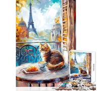 Puzzle pour Adultes 1000 pièces Chat Parisien avec café et Croissant Jeu de réflexion Stimulant Jeu de Construction Unique Cadeau d'anniversaire et de Noël (38x52cm)