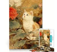 Puzzle pour Adultes 1000 pièces Chat Parmi Les Fleurs Peinture Vintage Découpe précise Jeu cognitif Jouet Détente Décoration Murale de Noël (38x26cm)