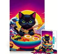 Puzzle pour Adultes 1000 pièces Chat Ramen Japon Art de Bordure Précise Jeu de Construction Cozy Time Décoration Murale de Noël (38x52cm)