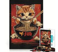 Puzzle pour Adultes 1000 pièces Chat Ramen Japon Premium Découpe Jeu Intelligent Jouet Cérébral Temps de Détente Cadeau Artistique de Noël (38x52cm)