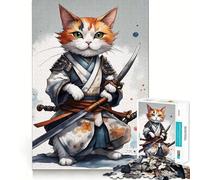 Puzzle pour Adultes 1000 pièces Chat Samouraï Guerrier Japonais Art de Bordure Précise Jeu de Construction Cozy Time Décoration Murale de Noël (50x75cm)