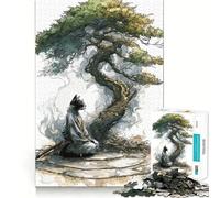 Puzzle pour Adultes 1000 pièces Chat samouraï méditant sous Un bonsaï Jeu créatif de qualité supérieure Décoration Artistique de Noël (38x52cm)