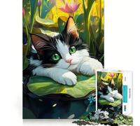 Puzzle pour Adultes 1000 pièces Chat sur nénuphar,Art des Bords précis,Exercice Mental,Jeu Amusant et Calme,activité d'anniversaire (50x75cm)