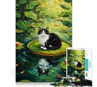 Puzzle pour Adultes 1000 pièces Chat sur nénuphar Peinture Bordure Fine Loisirs créatifs Jeu de résolution de problèmes et de détente Jeu d'art pour Anniversaire (50x75cm)
