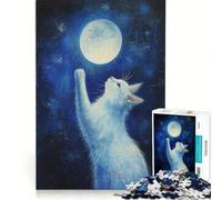Puzzle pour Adultes 1000 pièces Chat tendant la Main vers la Lune, Jeux relaxants, difficulté Difficile, avec Poster et fiche d'informations Assortis 38x52cm