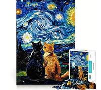 Puzzle pour Adultes 1000 pièces Chats sous Un Ciel étoilé Peinture Finement découpée Jeu Stimulant Le Cerveau Jeu de détente Cadeau de Noël (50x75cm)
