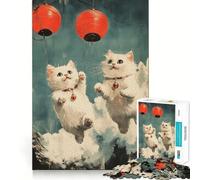 Puzzle pour Adultes 1000 pièces Chats Volant avec des lanternes,œuvre d'art Finement découpée,Jeu Stimulant Le Cerveau,Jeu Calme,Cadeau de Loisirs de Noël (38x26cm)
