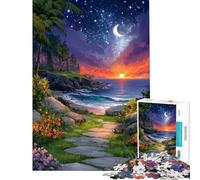 Puzzle pour Adultes 1000 pièces Chemin côtier au Coucher du Soleil et au Clair de Lune Puzzle pour Adultes Jeu Manuel Découpe de précision Cadeau d'anniversaire et Cadeau Unique (Dimensions 38x52cm)