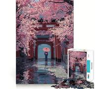 Puzzle pour Adultes 1000 pièces Chemin de cerisiers en Fleurs avec Femme et Parapluie,Jeu de Construction Artistique aux Bords précis,idéal pour Un Moment de détente,décoration Murale de Noël 38x52cm