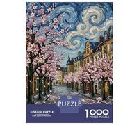 Puzzle pour Adultes 1000 Pièces Cherry Blossoms on Cobblestone Street Painting Puzzle pour Adolescents pour S'amuser en Famille, Défi Éducatif, Cadeau d'anniversaire Unique 52x38cm/1000pcs