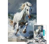 Puzzle pour Adultes 1000 pièces Cheval Blanc galopant à Travers Les Vagues Défi éducatif Défi Difficile Jeux Amusants pour Les 14 Ans et Plus 50x75cm