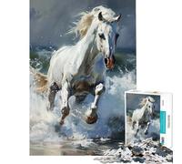 Puzzle pour Adultes 1000 pièces Cheval Blanc galopant dans Les Vagues Stimule Le Cerveau Cadeau pour Femmes Jeu Familial Convient aux 14 Ans et Plus 38x26cm
