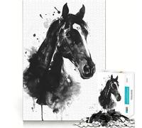 Puzzle pour Adultes 1000 pièces Cheval Noir Aquarelle Art Découpe serrée Amusant,Jeu de Construction et de Concentration,Loisirs et Divertissement,Jeu Artistique d'anniversaire (38x52cm)