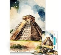 Puzzle pour Adultes 1000 pièces Chichen Itza Aquarelle Assemblage Parfait Jeu d'adresse mentale et Artistique pour se détendre et s'amuser Pendant Un Anniversaire (38x26cm)